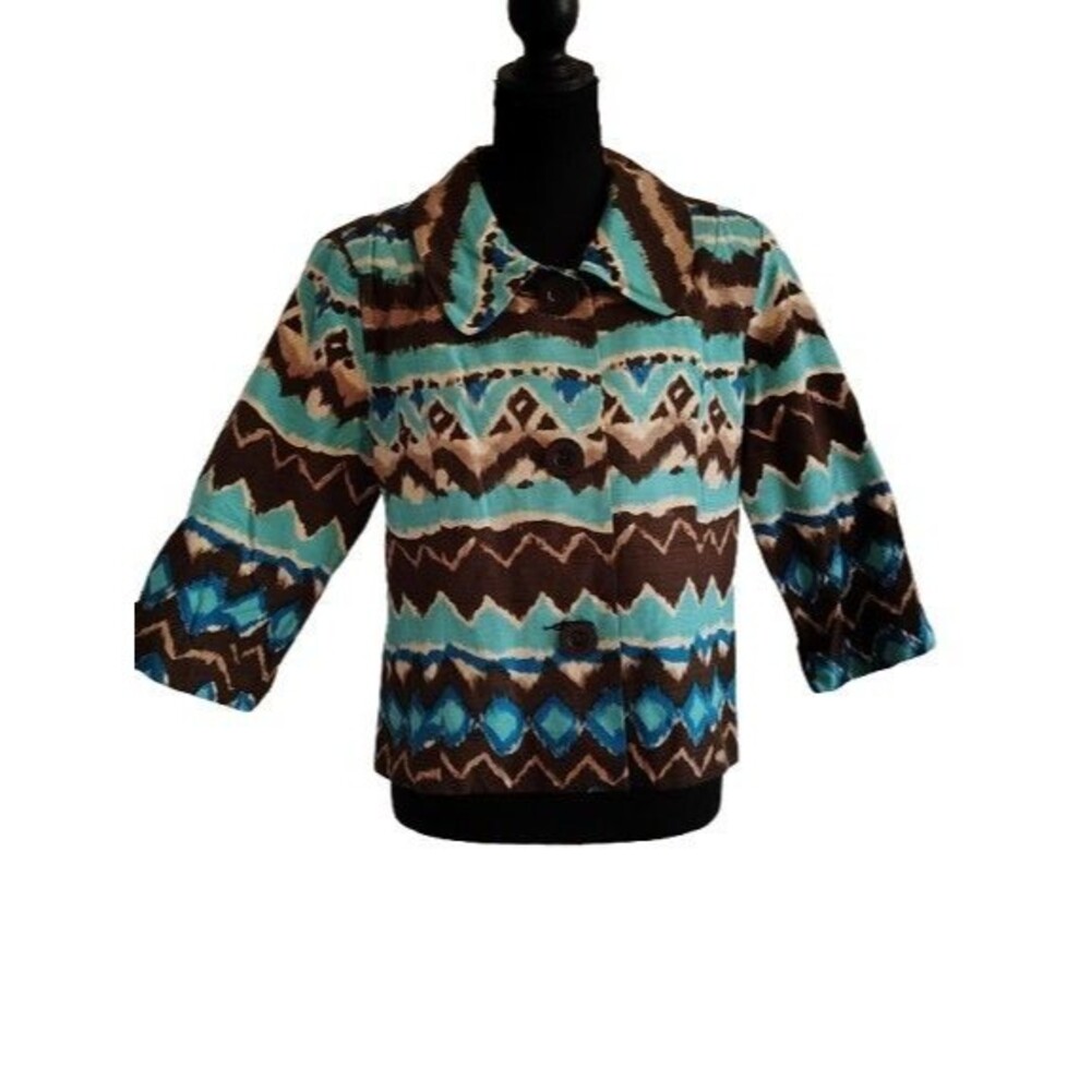 SCOTT TAYLOR Silk Blend Ikat Southwestern Print Jacket Top Sz L Turquoise Brown
